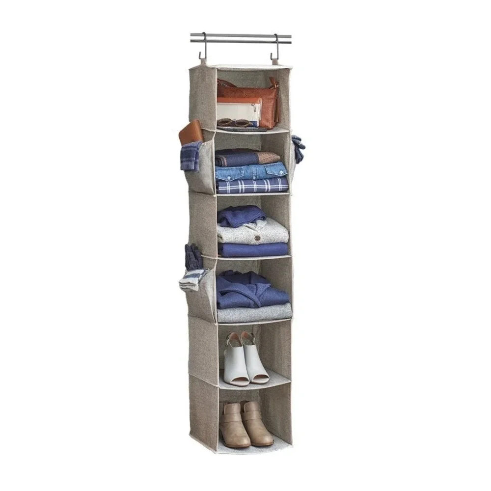 Grey 6-Shelf Hanging Closet Organizer with Side Pockets and Metal Hooks